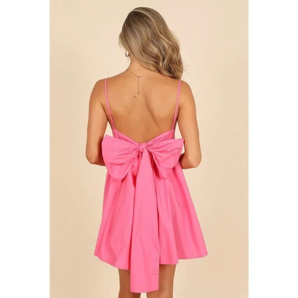 Pental & Pup Pink Cotton Mini Dress Large Bow Back Sleeveless Fit Flare